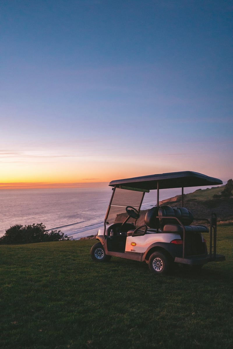 a golf cart parked on a grassy hill overlooking the ocean at sunset